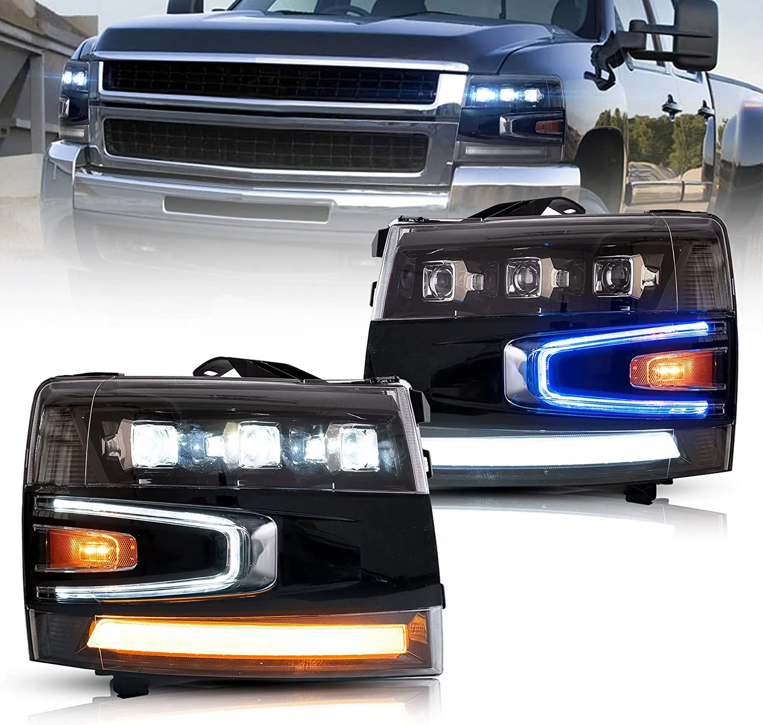 VLAND Projector LED Headlights For 2007-2013 Chevrolet Chevy Silverado 1500 / 2500HD /3500HD ( No fit 2007 Silverado Classic) With Blue Breathing Lighting