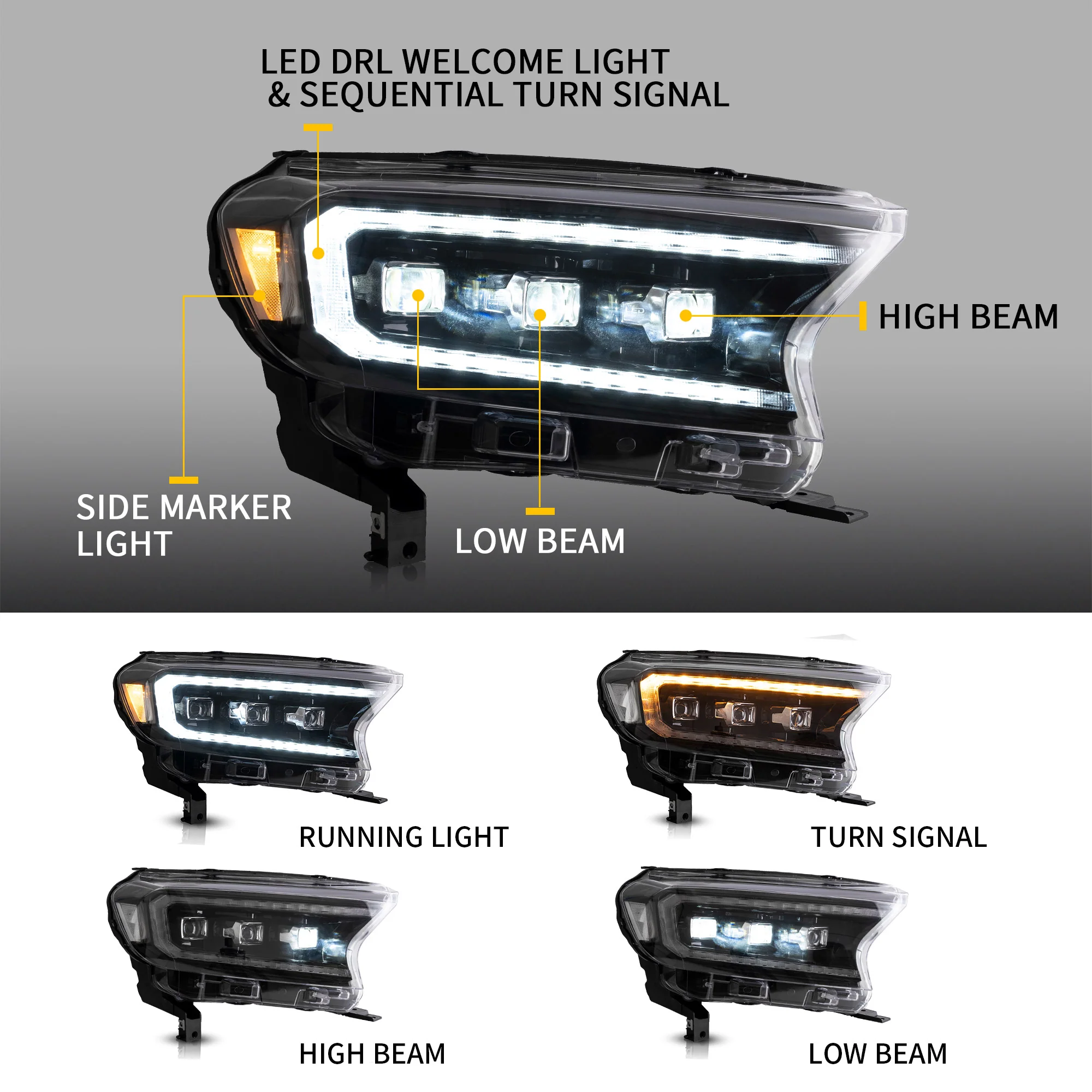 VLAND LED Projector Headlights For 2019-2023 Ford Ranger Start UP Animation DRL(For US Version) - Image 5