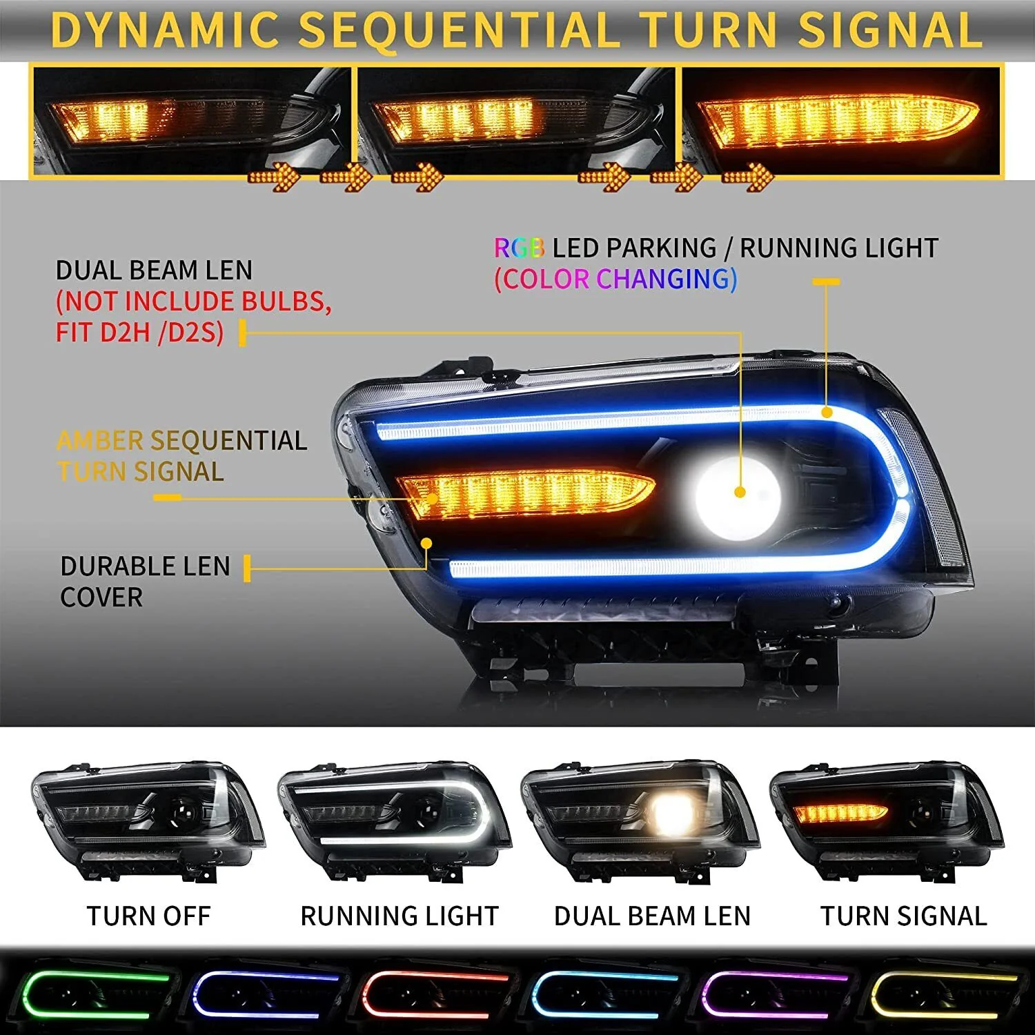 VLAND LED Headlights RGB Color For Dodge Charger 2011-2014 - Image 4