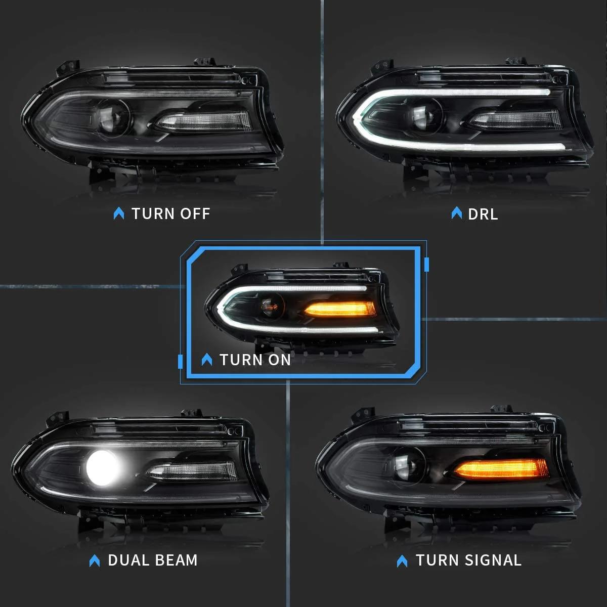 VLAND Dual Beam Projector Headlights For Dodge Charger 2015-2023 - Image 2