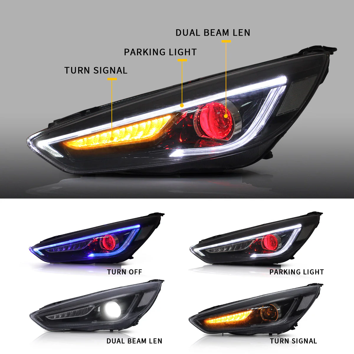 VLAND LED Headlights for Ford Focus 2015-2019 with Blue DRL and Red Demon Eyes Sequential - Image 7