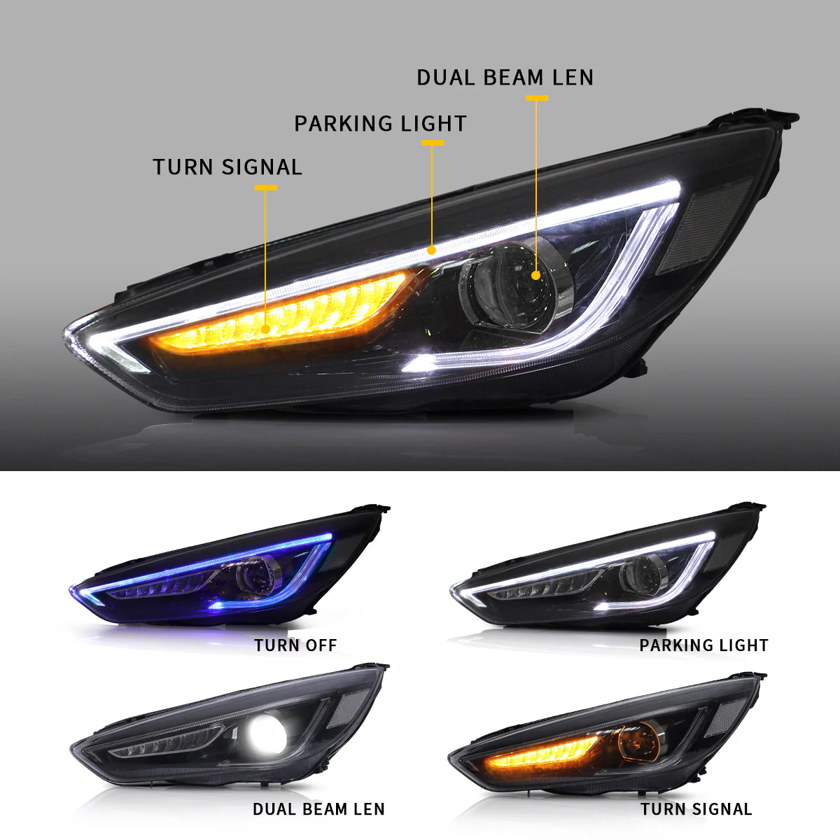 VLAND LED Headlights for Ford Focus 2015-2019 with Blue DRL and Red Demon Eyes Sequential - Image 8