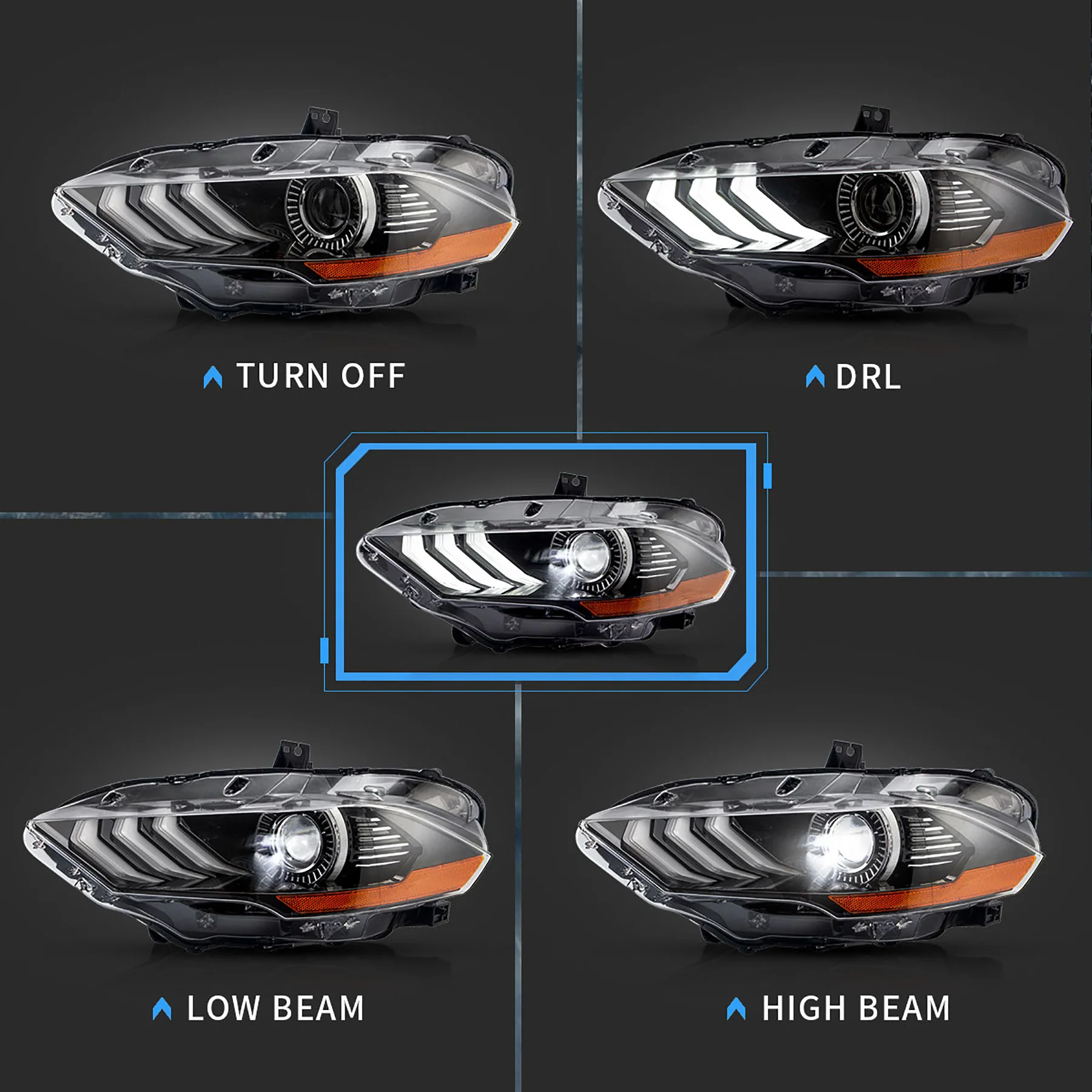 VLAND Full LED Headlights Assembly for Ford Mustang 2018-2023 with Sequential and Dynamic Animation Headlamps - Image 3