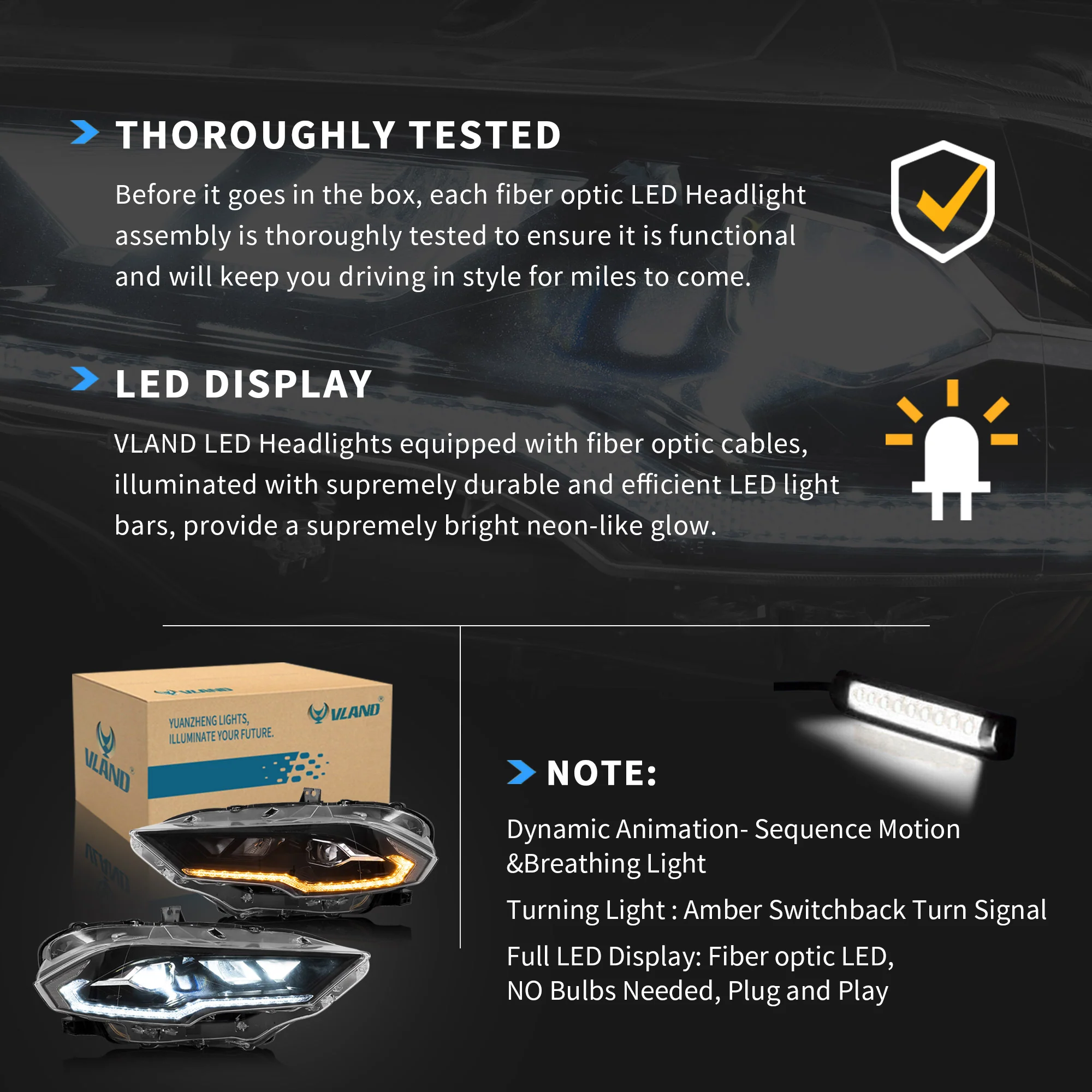 VLAND Full LED Headlights Assembly for Ford Mustang 2018-2023 with Sequential and Dynamic Animation Headlamps - Image 5