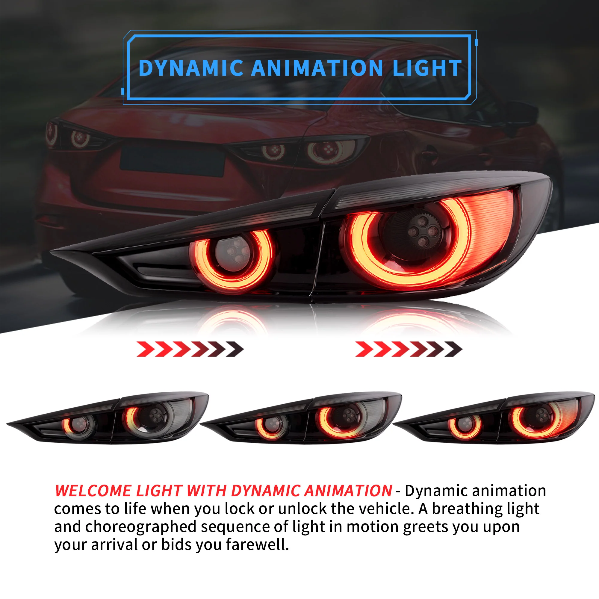 VLAND Full LED Tail Lights for Mazda 3 Axela Sedan 2014-2018 (Sequential Turn Signals w/ Dynamic Welcome Lighting) - Image 5