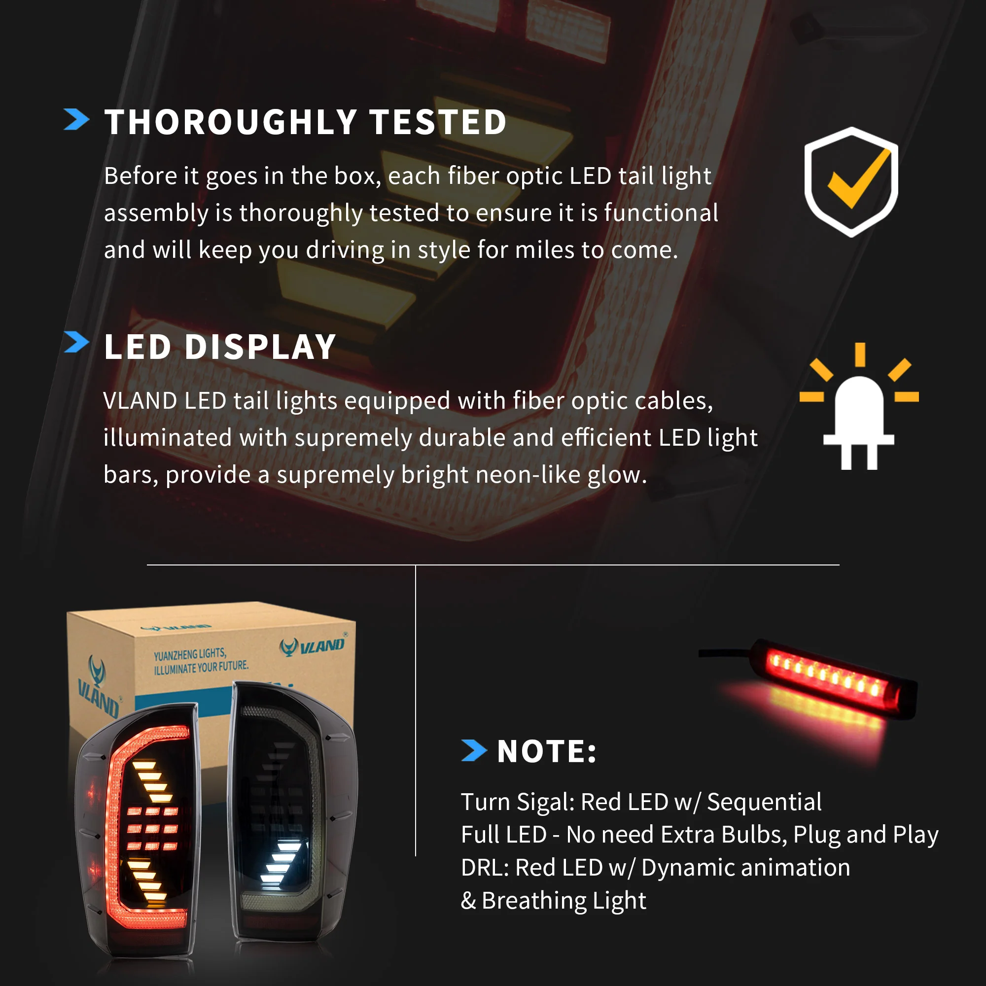 VLAND LED Tail Lights For Toyota Tacoma 2016-2023 W/Sequential Red Turn Signals - Image 11