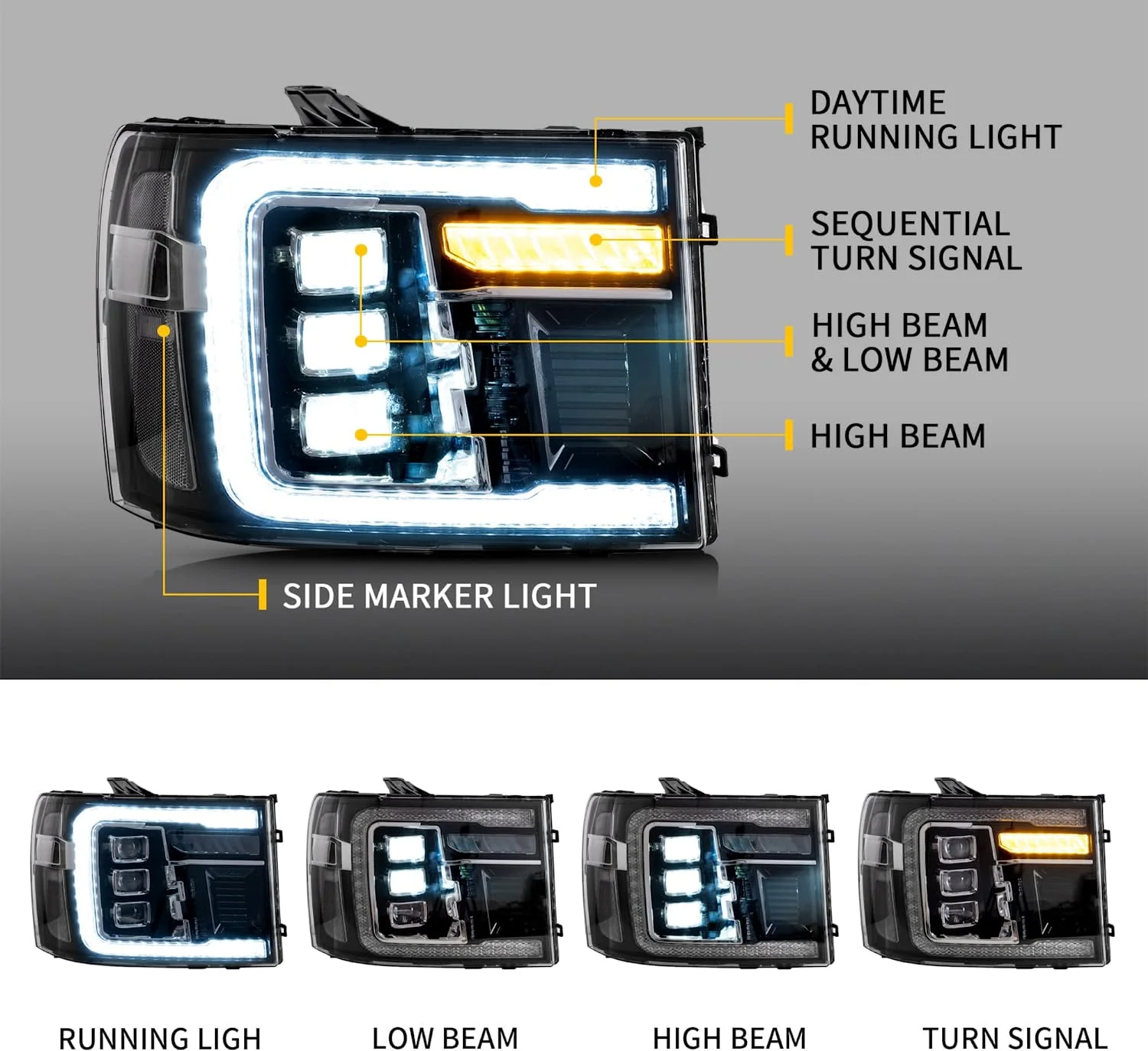 VLAND LED Projector Headlights For 2007-2013 GMC Sierra 1500 2500HD 3500HD With Dynamic DRL - Image 4