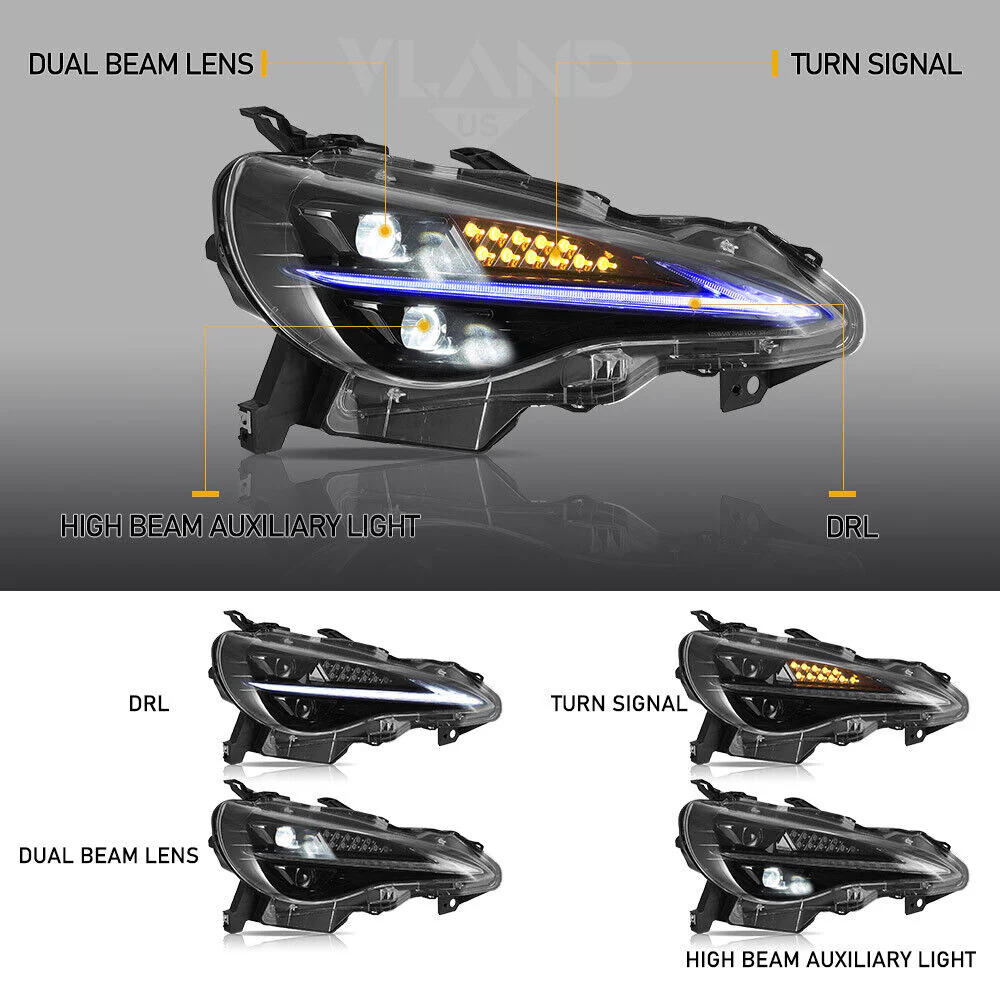 VLAND LED Projector Headlights for 2012-2021 Scion FR-S/ Toyota 86 GT86/Subaru BRZ Smoked Dynamic w/Start-up Animation - Image 5