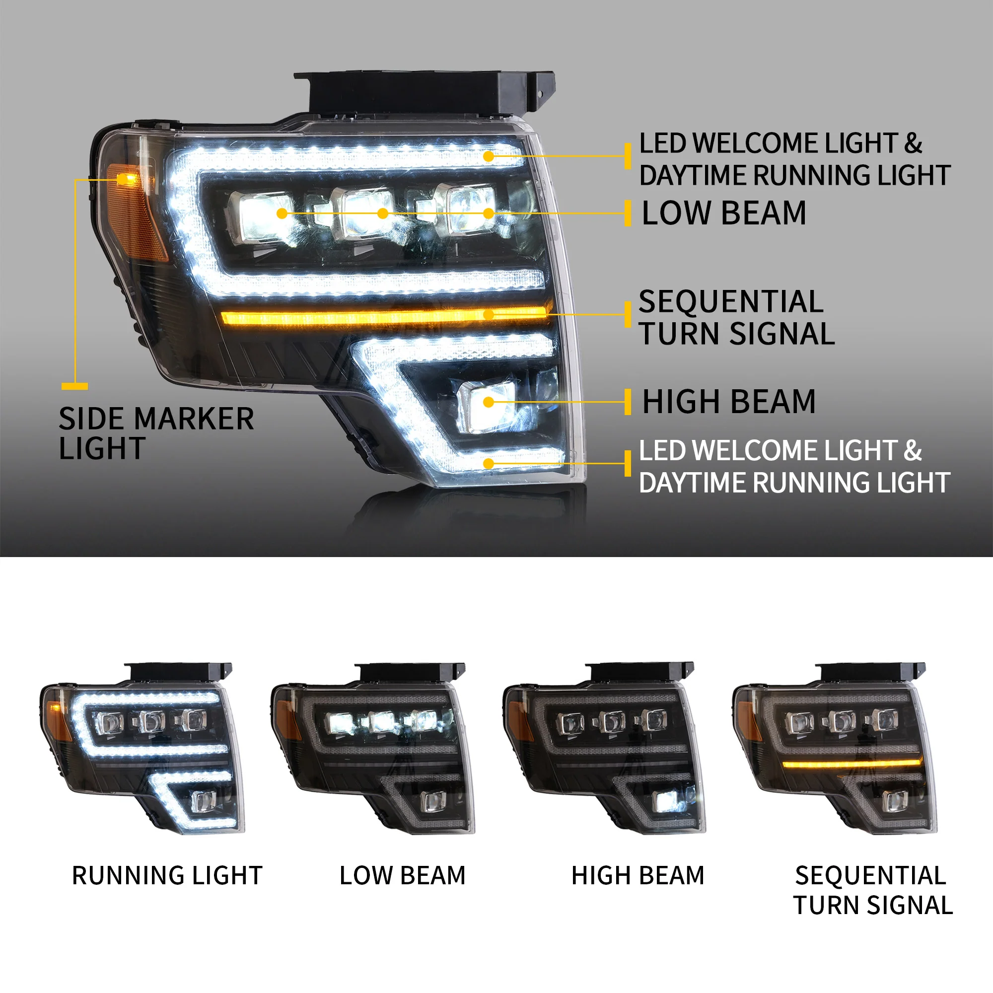 VLAND LED Projector Headlights For Ford F150 2009-2014 with Dynamic DRL - Image 3