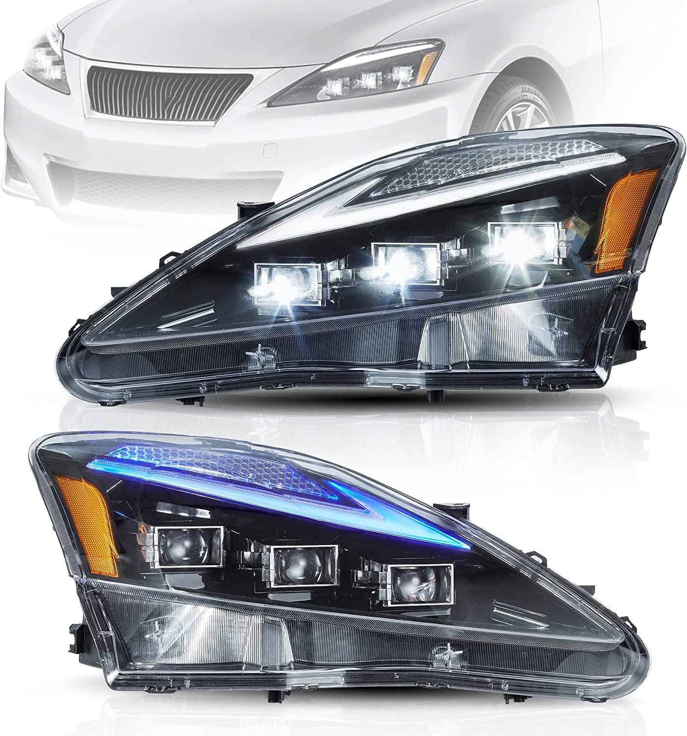 VLAND LED Projector Headlights For Lexus IS250/IS250C IS350/IS350C IS220d ISF 2006-2013 With Animation& Blue Breathing - Image 2