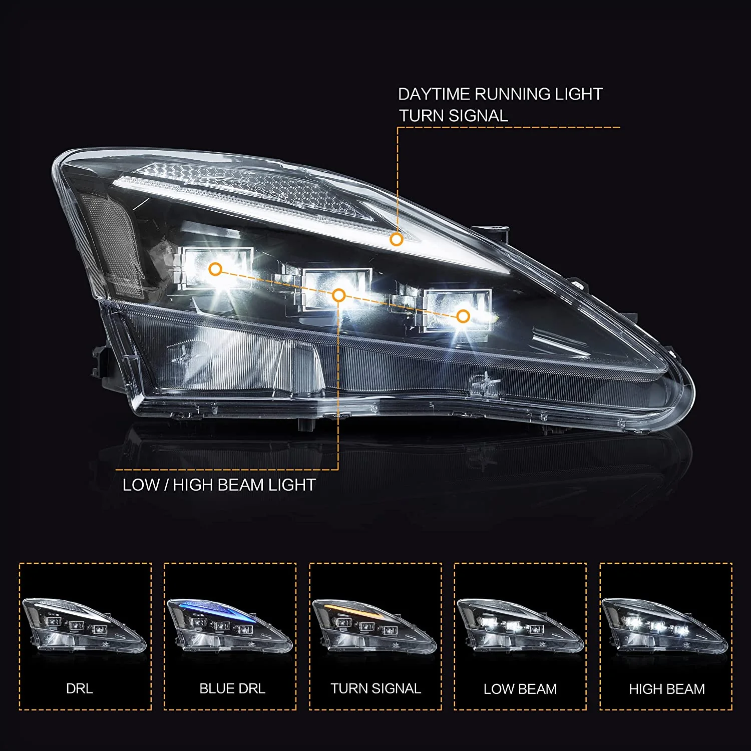 VLAND LED Projector Headlights For Lexus IS250/IS250C IS350/IS350C IS220d ISF 2006-2013 With Animation& Blue Breathing - Image 3