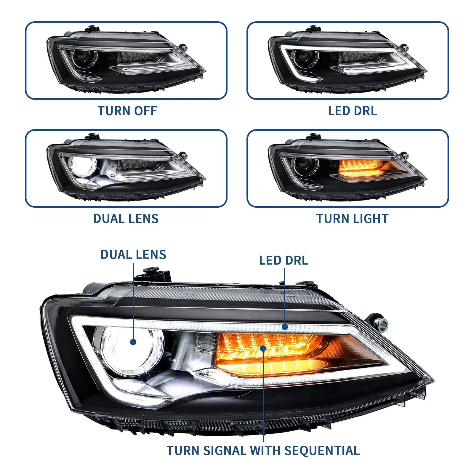 VLAND Projector/Dual Beam Headlights and Tail Lights For Volkswagen VW Jetta / Sagitar (NOT GLI) 2011-2014 - Image 5