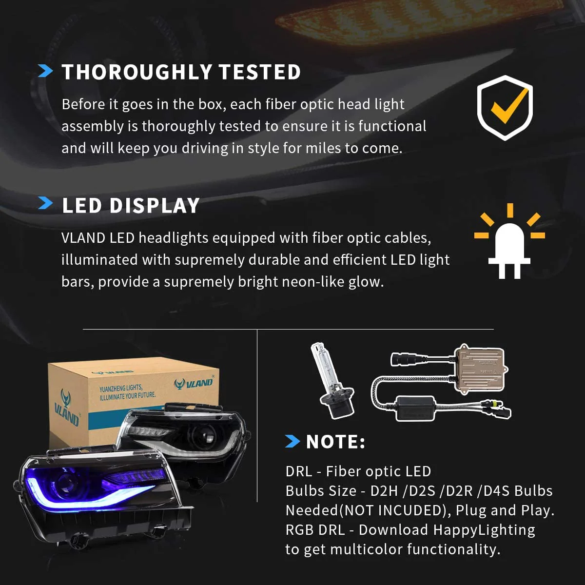 Vland RGB Dual Beam Headlights For Chevrolet Chevy Camaro 2014 2015 With Amber Sequential, Multicolor DRL colors - Image 10