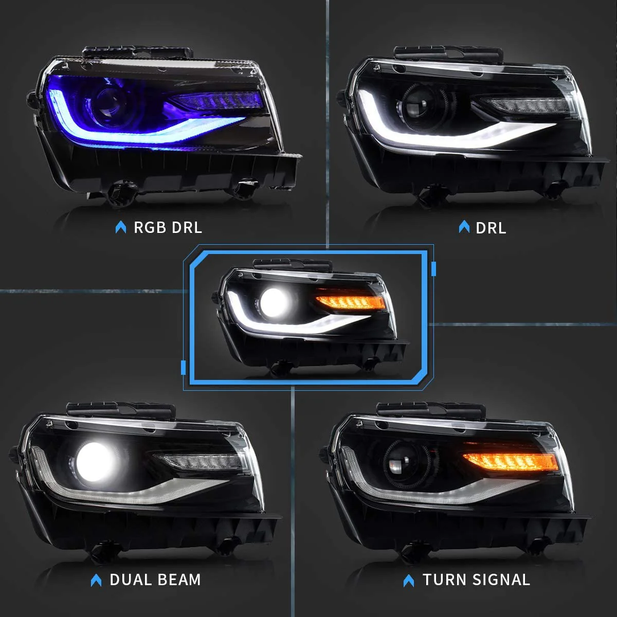 Vland RGB Dual Beam Headlights For Chevrolet Chevy Camaro 2014 2015 With Amber Sequential, Multicolor DRL colors - Image 5