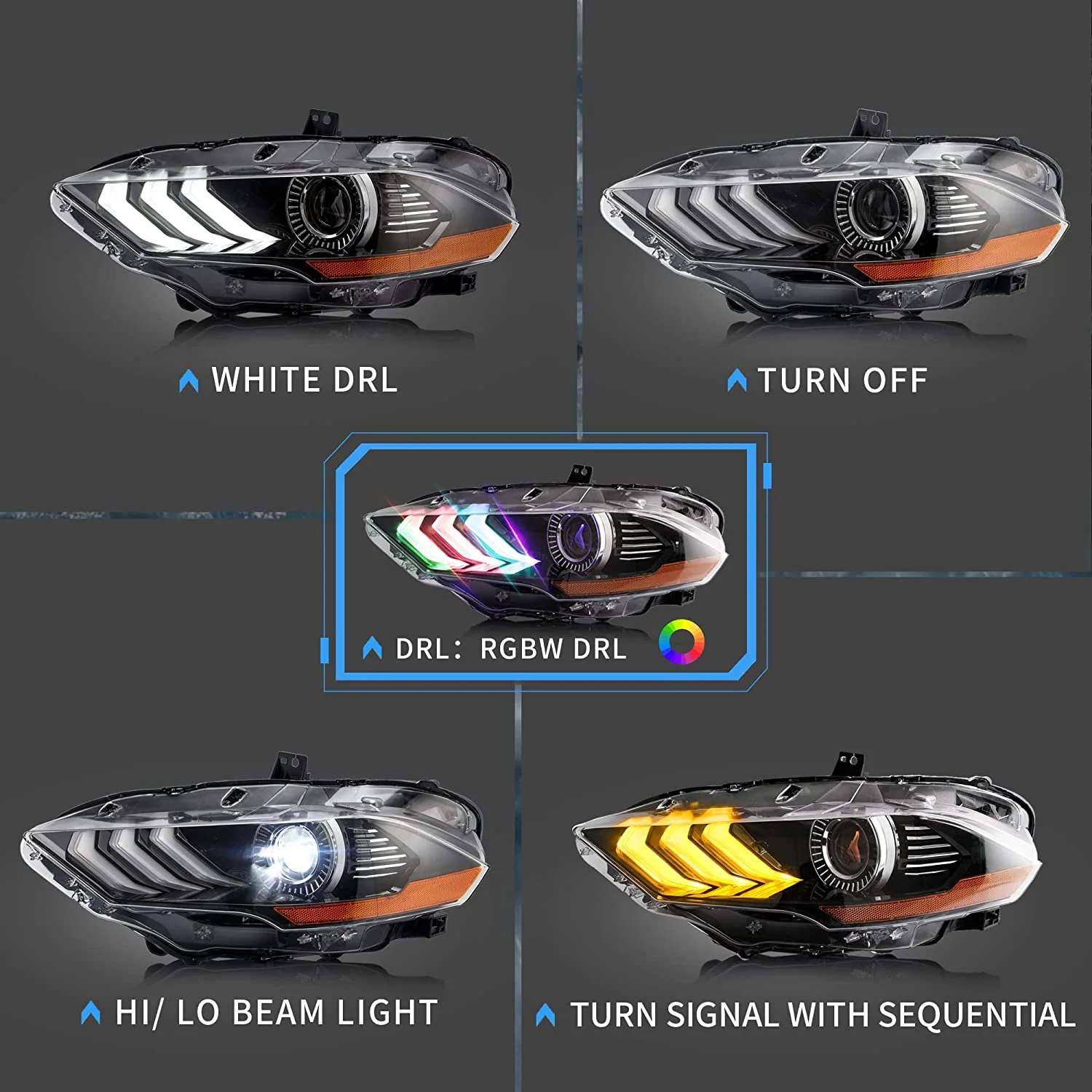 VLAND RGB LED Projector Headlights For Ford Mustang 2018-2023 - Image 6