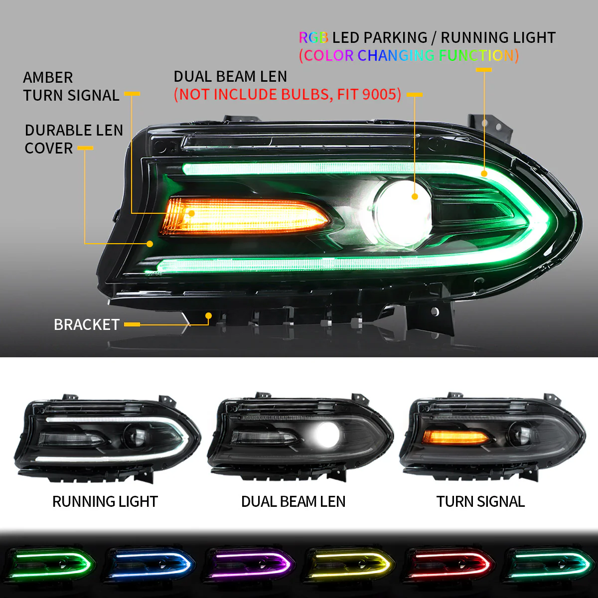 VLAND RGB Projector Headlights for Dodge Charger 2015-2023 (Dual Beam Lens w/ Color Changing System) - Image 3
