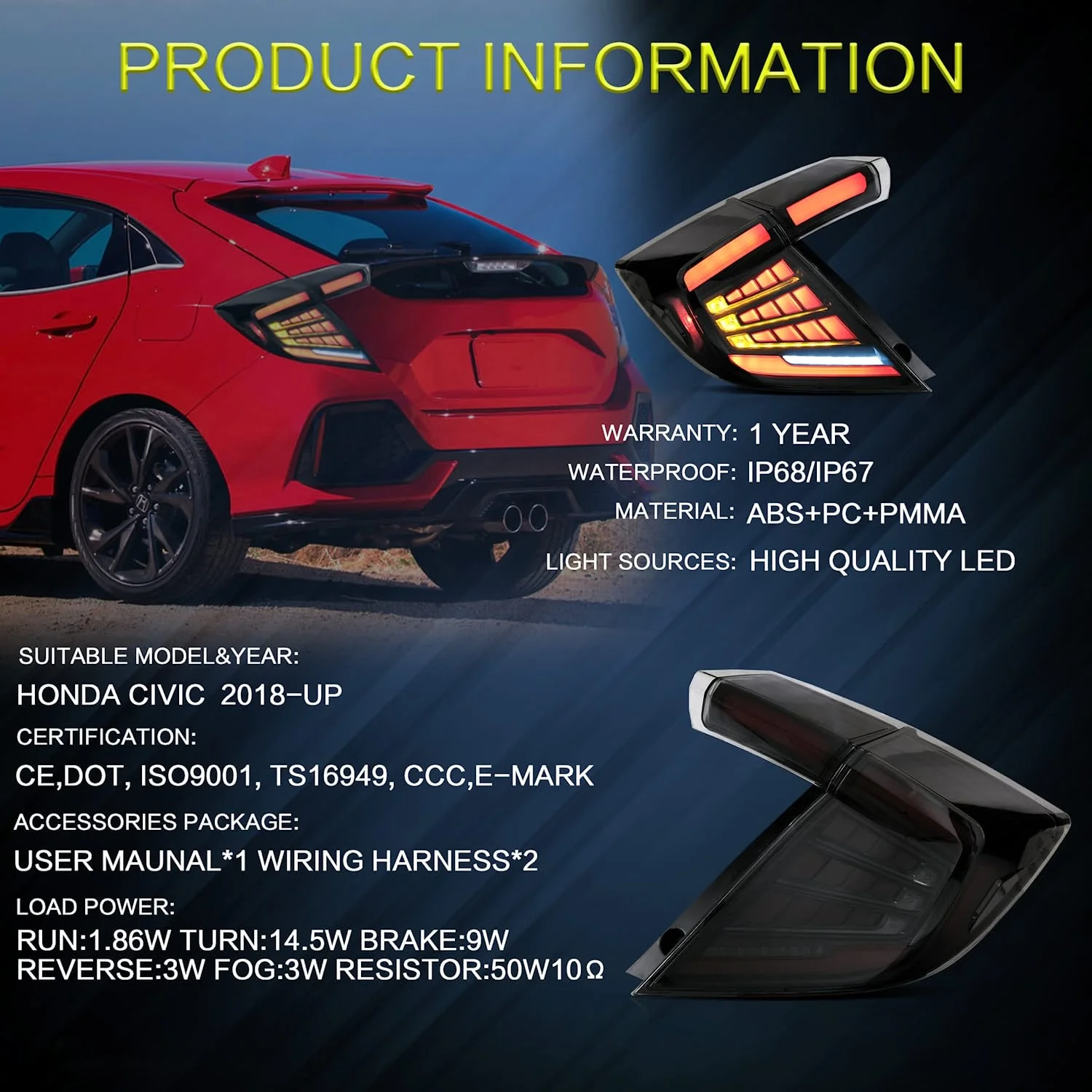 VLAND Tail Lights For Honda Civic Hatchback LX Sport EX 2016-2021 [5 Door|10th Generation] - Image 9