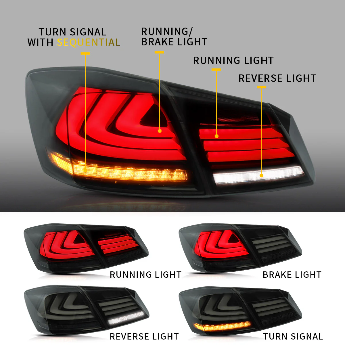 VLAND Full LED Tail Lights For Honda Accord 2013-2015 With Sequential Turn Signals - Image 4