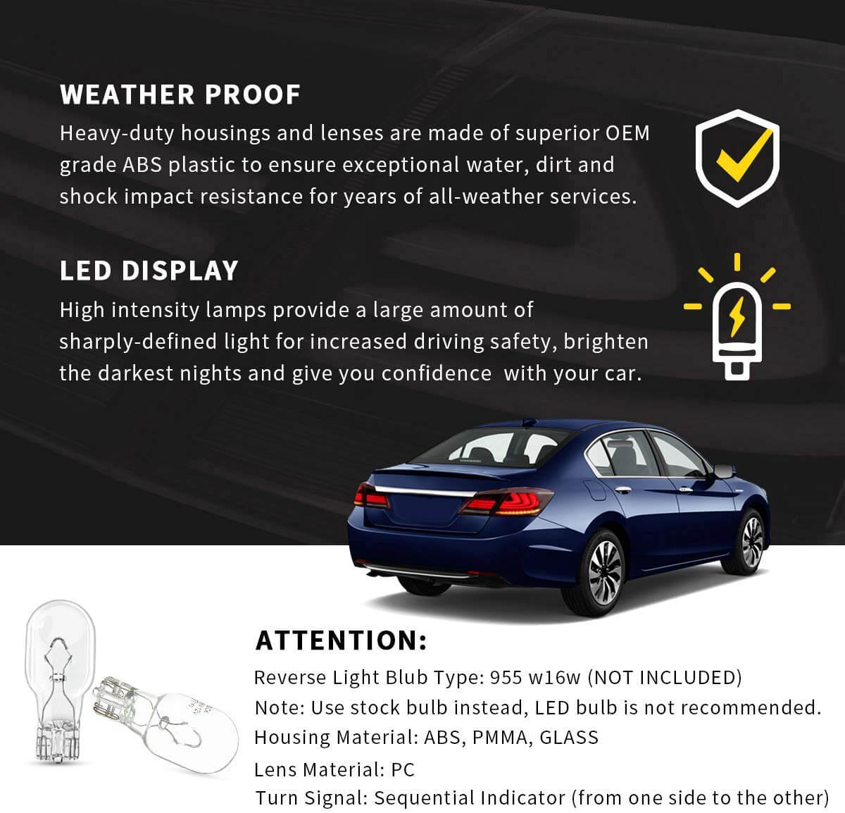 VLAND Full LED Tail Lights For Honda Accord 2013-2015 With Sequential Turn Signals - Image 9